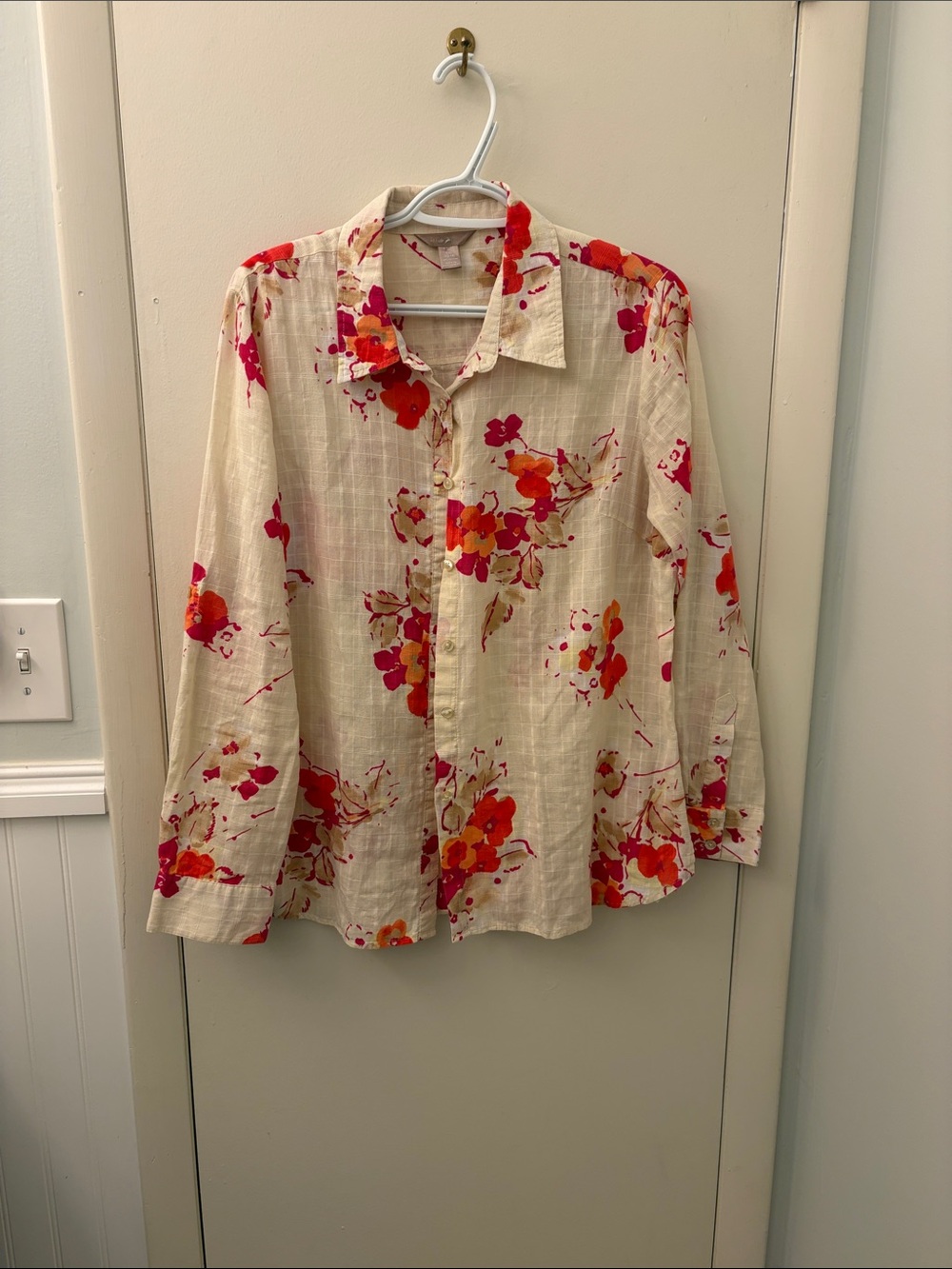 White Stag Cream Button-Up Top with Pink, Orange and Tan Floral Print